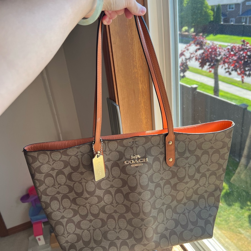Coach Brown Signature Tote Bag with Orange Trim